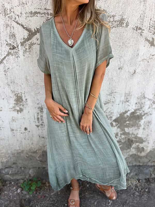 Casual Women's Summer Dress in Cotton-Linen Blend with V-Neck and Relaxed Fit, Available in Multiple Colors and Sizes