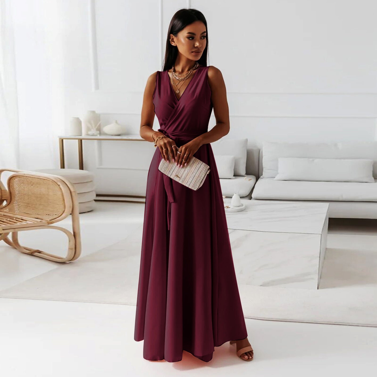 Elegant Women's Maxi Dress with V Neckline - Versatile Long Formal Dress for All Occasions