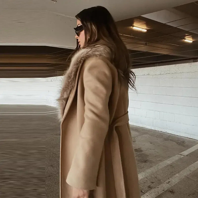 Warm Flattering Women Long Coat- Turn Down Collar, Polyester