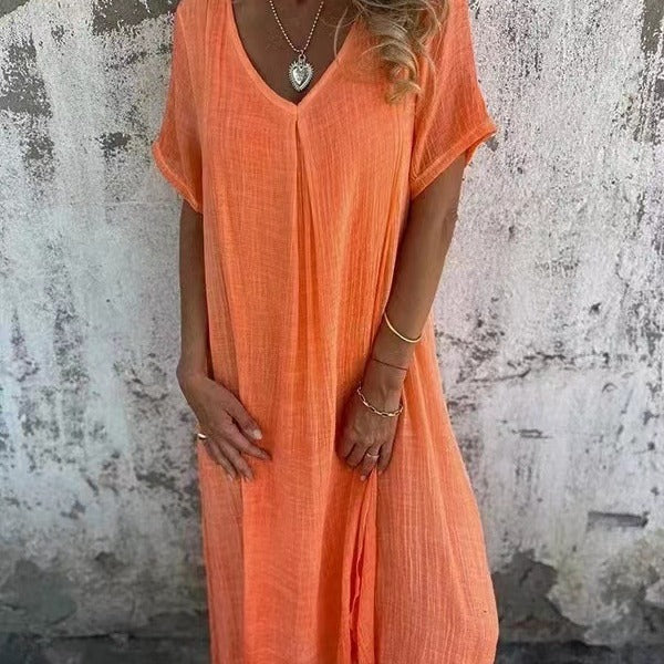Casual Women's Summer Dress in Cotton-Linen Blend with V-Neck and Relaxed Fit, Available in Multiple Colors and Sizes