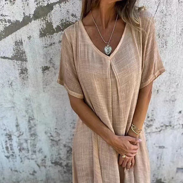 Casual Women's Summer Dress in Cotton-Linen Blend with V-Neck and Relaxed Fit, Available in Multiple Colors and Sizes