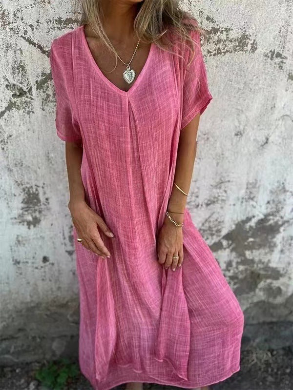 Casual Women's Summer Dress in Cotton-Linen Blend with V-Neck and Relaxed Fit, Available in Multiple Colors and Sizes