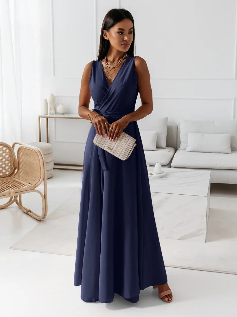 Elegant Women's Maxi Dress with V Neckline - Versatile Long Formal Dress for All Occasions