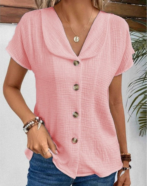 Chic Women's Blouse, Relaxed Fit Summer Top with Button-Down Design and Short Sleeves, Breathable Fabric