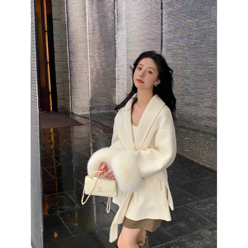 Warm Women’s Long Coat - Shawl Collar, Wool, For Winter