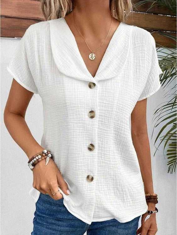 Chic Women's Blouse, Relaxed Fit Summer Top with Button-Down Design and Short Sleeves, Breathable Fabric