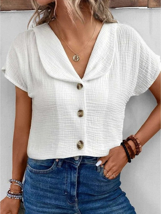 Chic Women's Blouse, Relaxed Fit Summer Top with Button-Down Design and Short Sleeves, Breathable Fabric