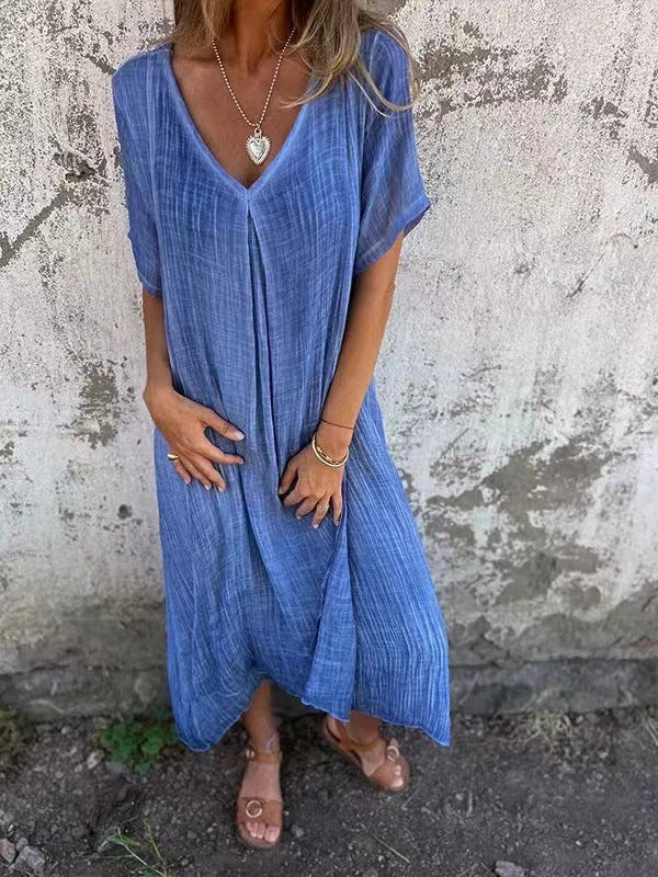 Casual Women's Summer Dress in Cotton-Linen Blend with V-Neck and Relaxed Fit, Available in Multiple Colors and Sizes