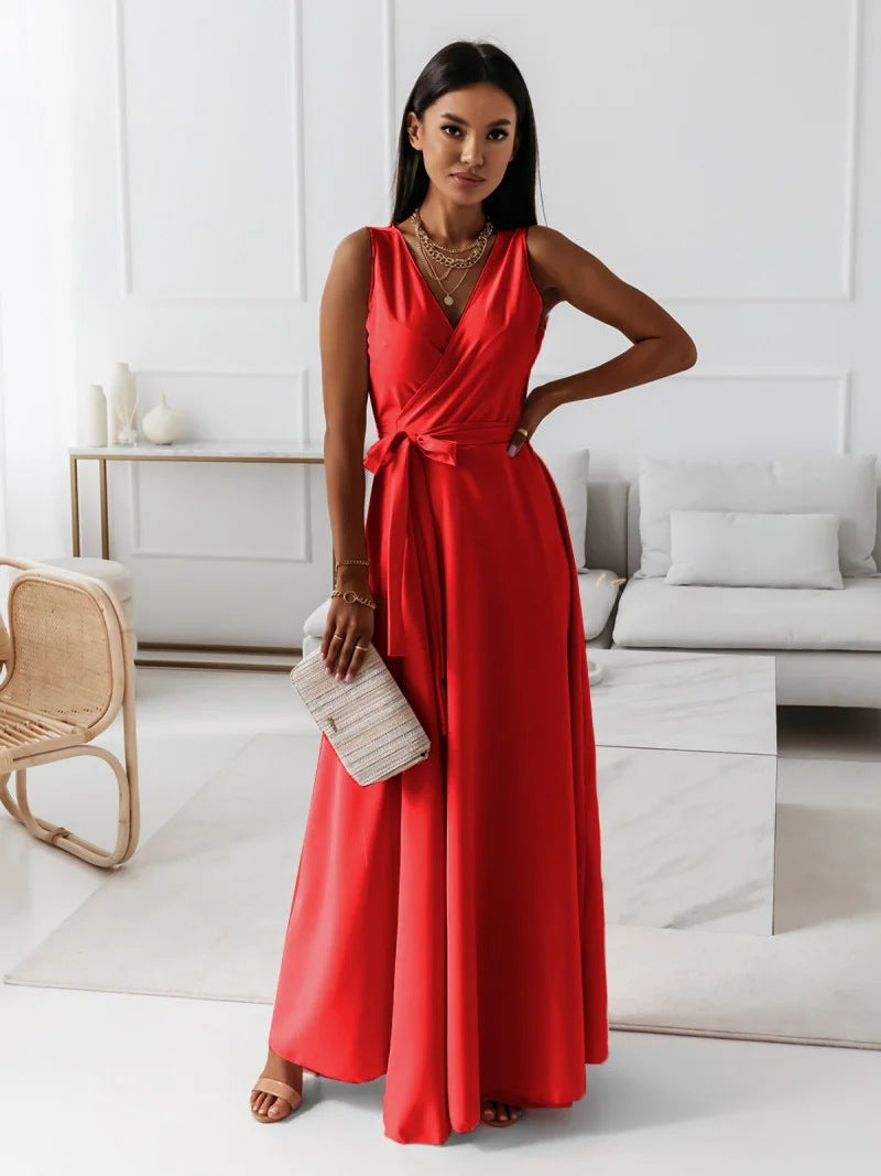 Elegant Women's Maxi Dress with V Neckline - Versatile Long Formal Dress for All Occasions
