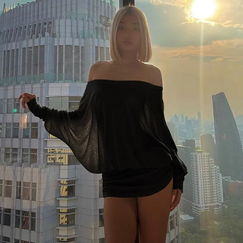 Off Shoulder Sheer Mini Dress with Long Sleeves and Ruched Bodycon Fit for Women