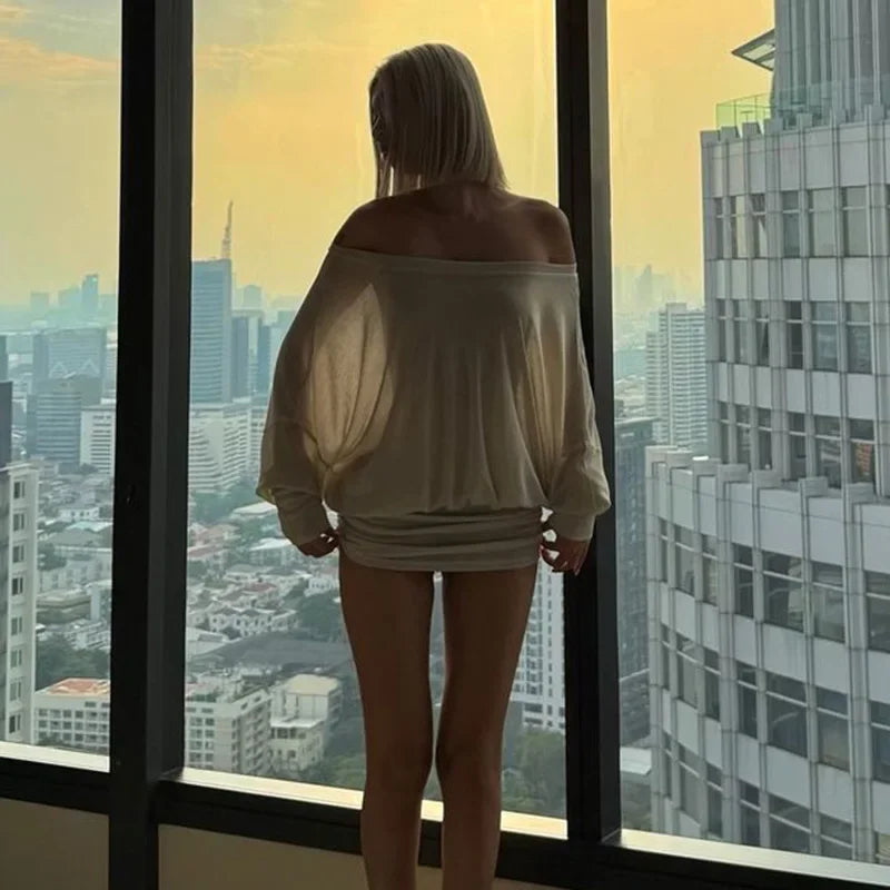 Off Shoulder Sheer Mini Dress with Long Sleeves and Ruched Bodycon Fit for Women