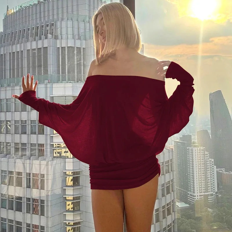 Off Shoulder Sheer Mini Dress with Long Sleeves and Ruched Bodycon Fit for Women