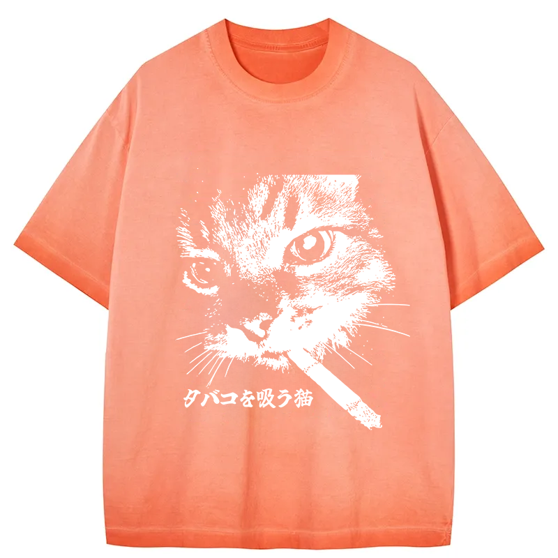 bbb Retro Cat Smoking Gradient Washed T-Shirt