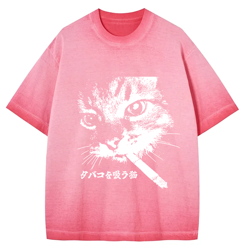 bbb Retro Cat Smoking Gradient Washed T-Shirt