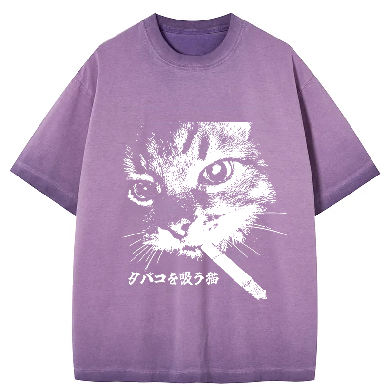 bbb Retro Cat Smoking Gradient Washed T-Shirt