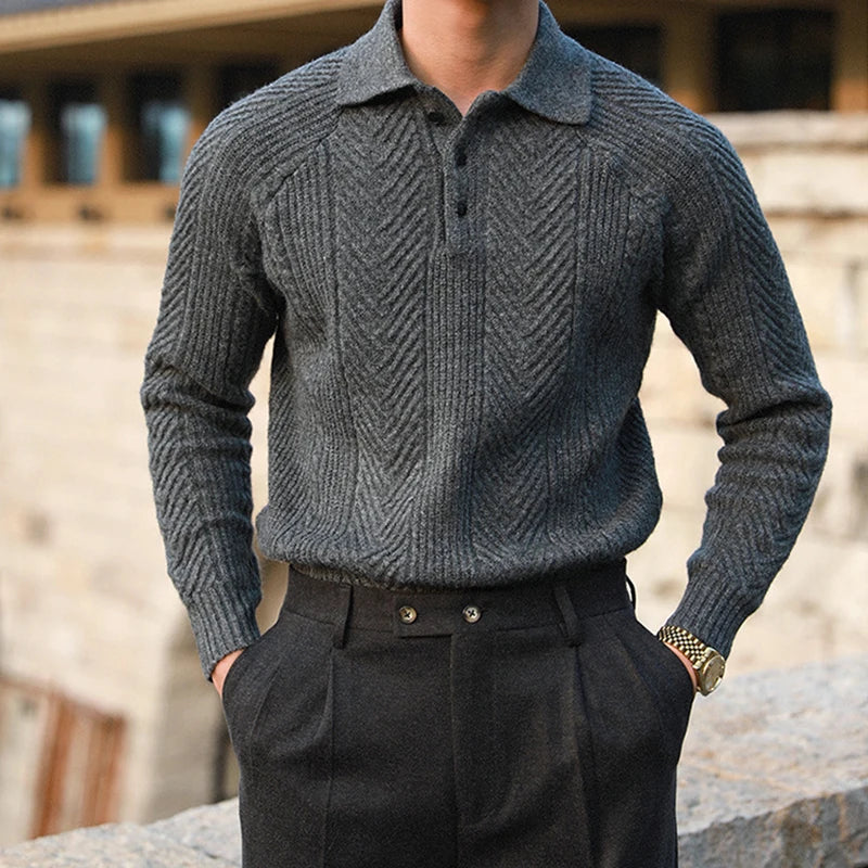 Warm Refined Men's Polo Sweater - Relaxed Cut, Knit, Winter