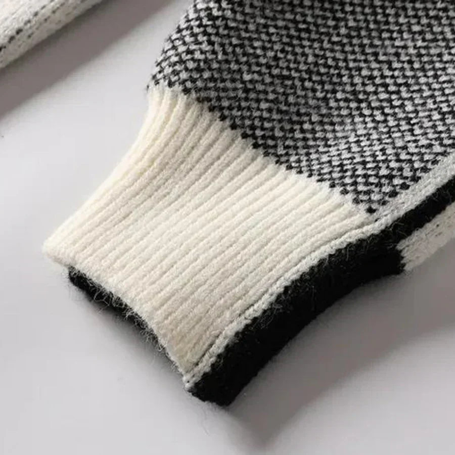 Warmer Herrenpullover – Oversized-Karo-Rundhalsausschnitt, Baumwolle
