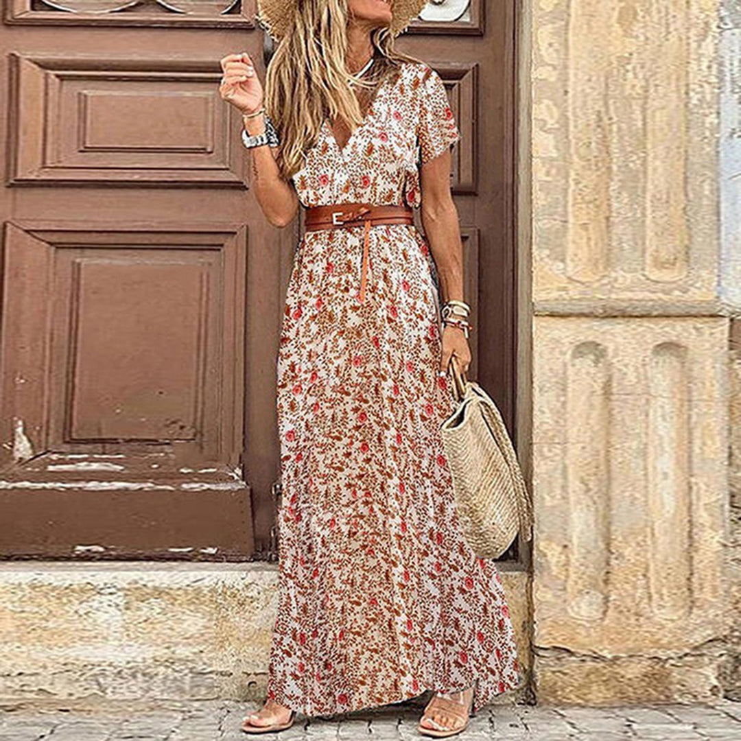 Elegant Boho Women's Maxi Dress, V-Neck Short Sleeve Summer Dress, Adjustable Belt, Full-Length, Soft Polyester, Multiple Colors Available