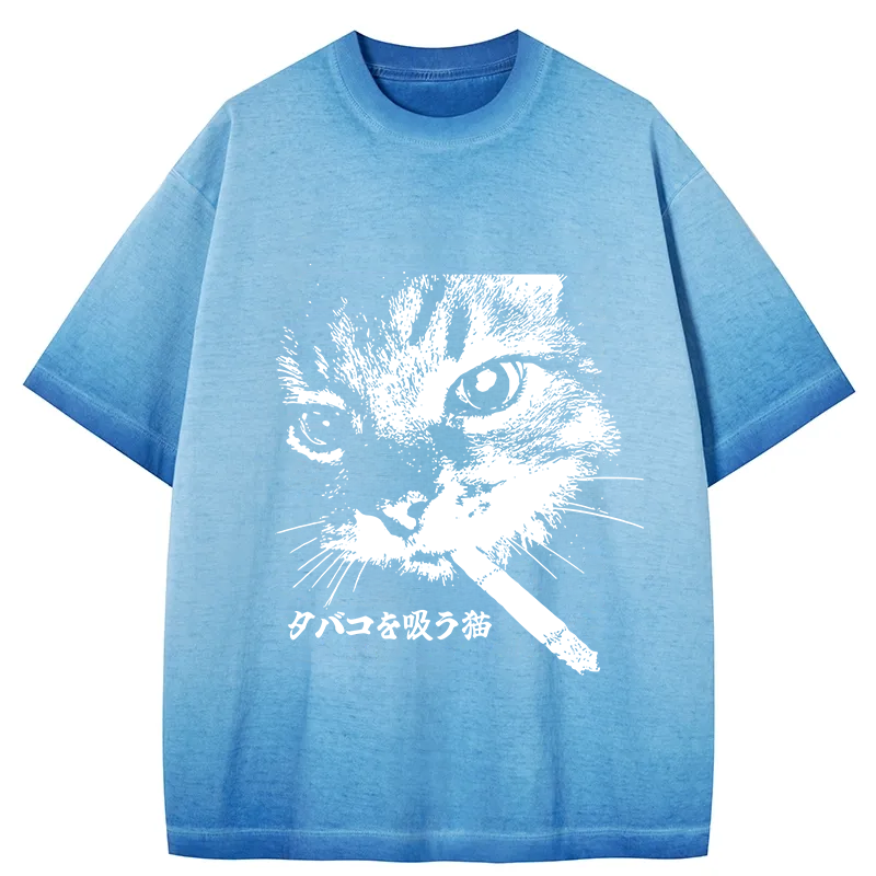 bbb Retro Cat Smoking Gradient Washed T-Shirt