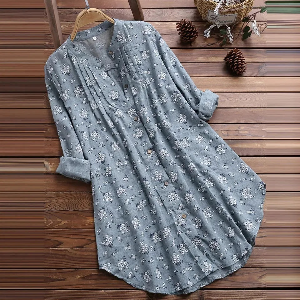 Elegant Long Cotton Linen Shirt - Floral Print Blouse for Women, Full Sleeve Spring Autumn Fashion