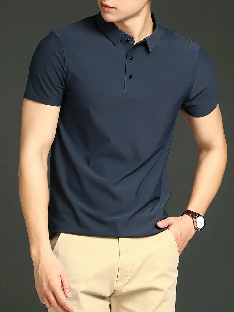 Men's Ice Silk Polo Shirt, Lightweight Breathable Fabric, Adjustable Tailored Fit for Office and Casual Wear