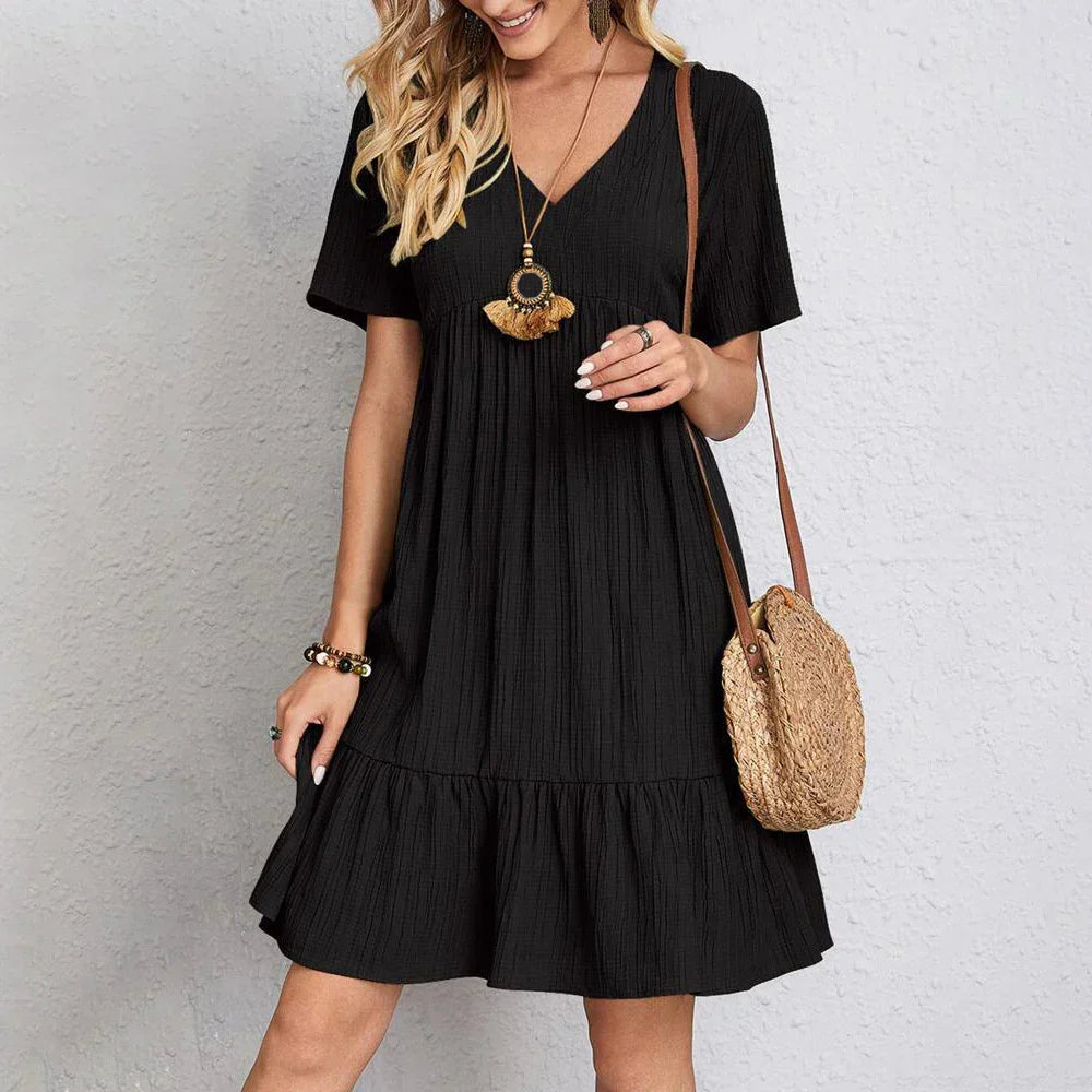 Casual Women's Summer Mini Dress, Lightweight V-Neck Polyester Dress for Beach and Casual Gatherings