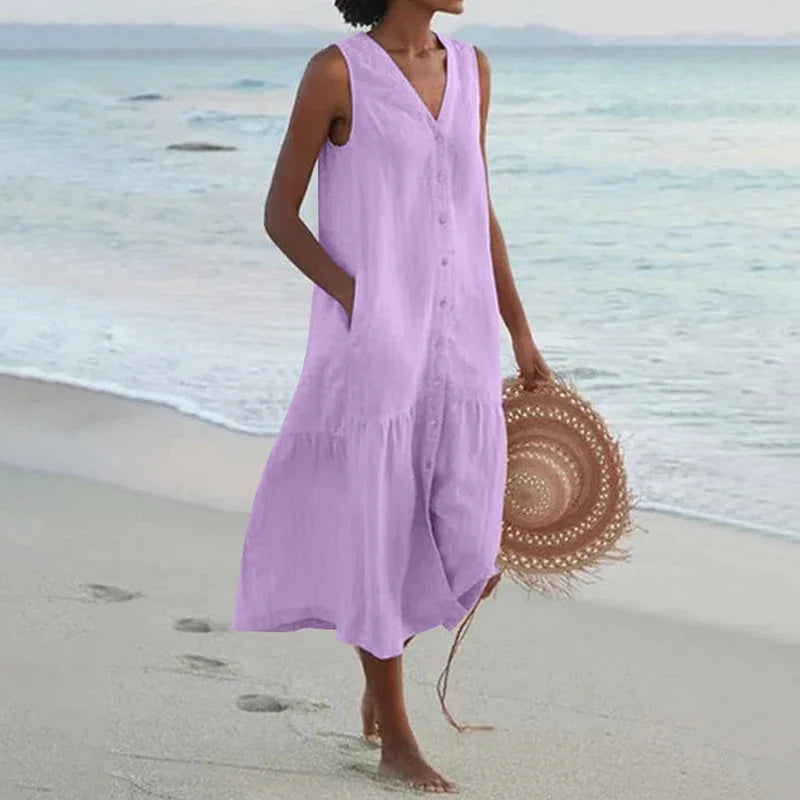 Sommerliches, lockeres Patchwork-Kleid aus Baumwoll-Leinen-Mischgewebe mit V-Ausschnitt – Midi-Länge im Strandstil für Damen