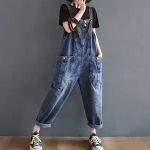 Vintage Big Pocket Suspender Jeans Trousers - Women's Casual Denim Harem Pants