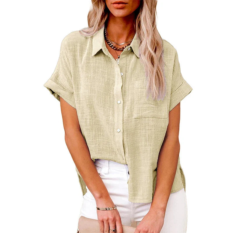 Linen Shirt Short Sleeve Casual Loose Fit Blouse Fresh Sweet Style Polyester Fabric