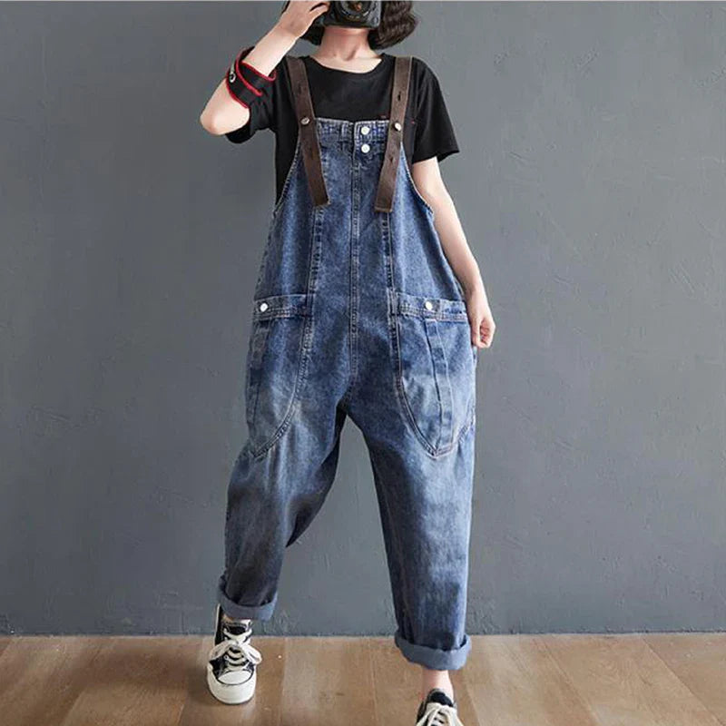 Vintage Big Pocket Suspender Jeans Trousers - Women's Casual Denim Harem Pants