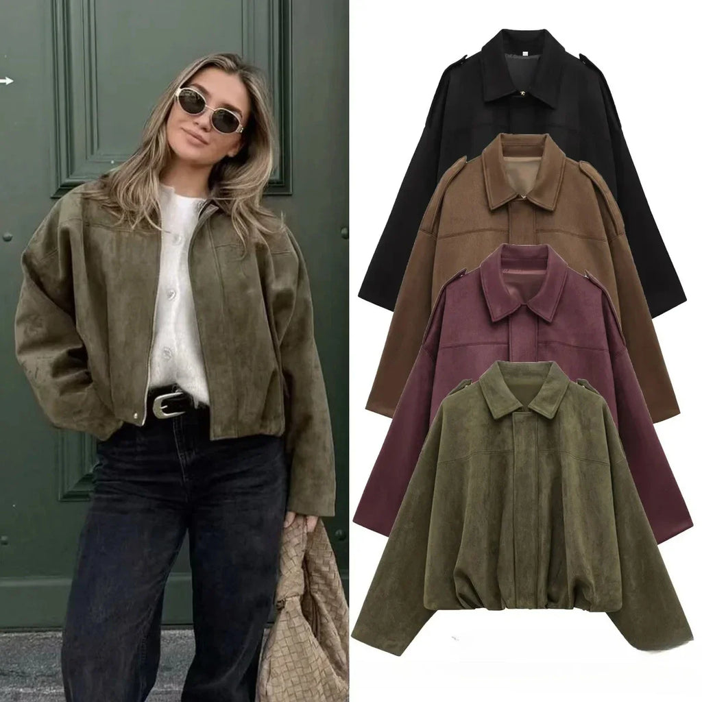 Oversized Damen-Bomberjacke – Kastenförmig, Samt, Herbst
