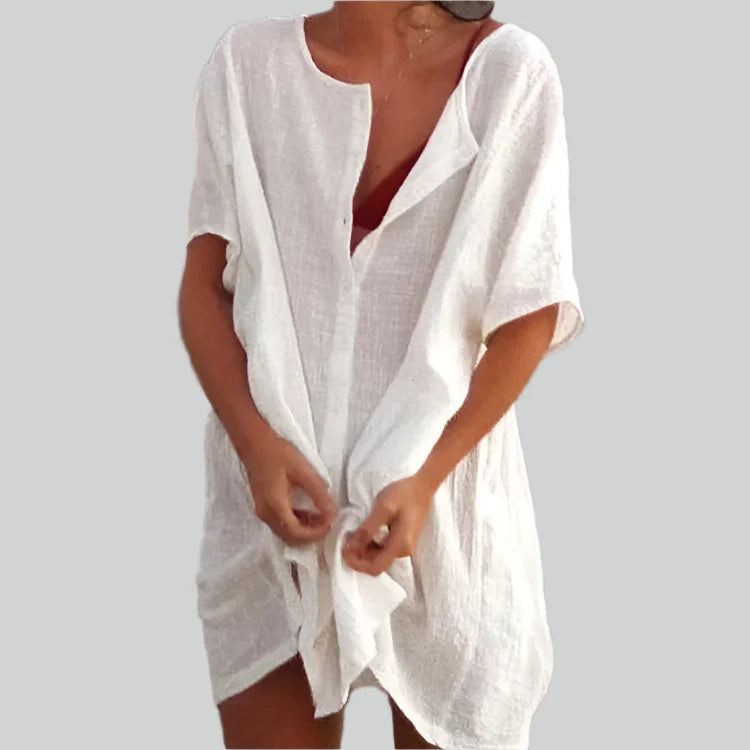 Cotton Linen Long Blouse Summer Short Sleeve Vintage Oversized Casual Shirt