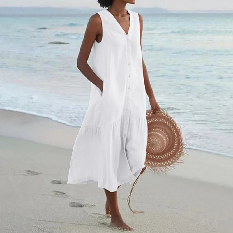 Sommerliches, lockeres Patchwork-Kleid aus Baumwoll-Leinen-Mischgewebe mit V-Ausschnitt – Midi-Länge im Strandstil für Damen