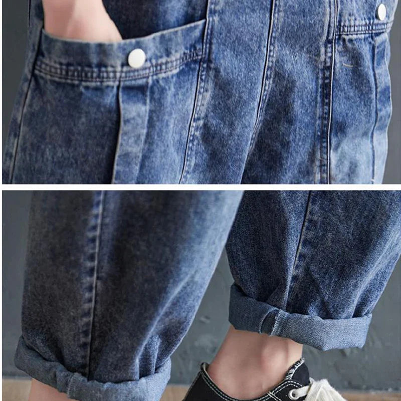 Vintage Big Pocket Suspender Jeans Trousers - Women's Casual Denim Harem Pants