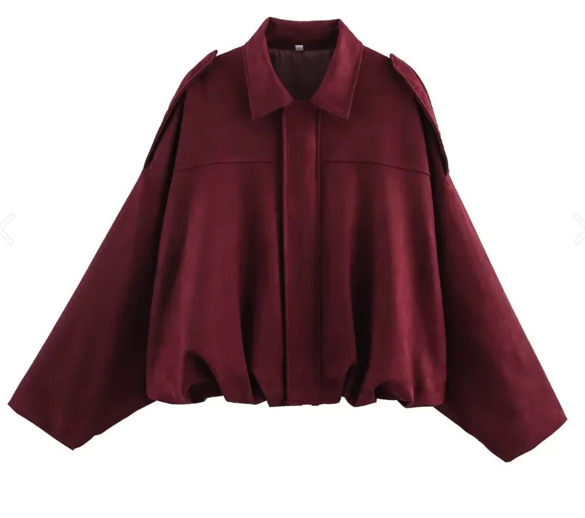 Oversized Damen-Bomberjacke – Kastenförmig, Samt, Herbst