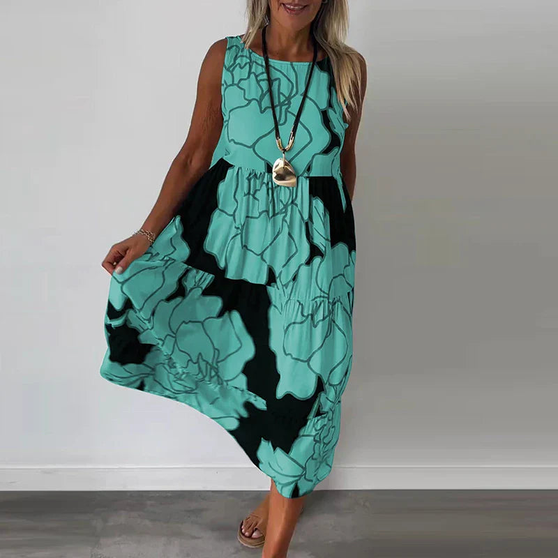 Floral Maxi Dress for Women, Sleeveless Long Dress in Breathable Fabric with Boatneck Neckline and Flattering Fit