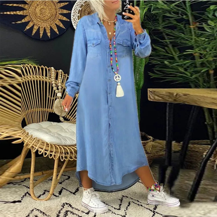 Shirt Jeans Dress Women Long Elegant Splice Dress with Turn Down Collar Summer Fashion