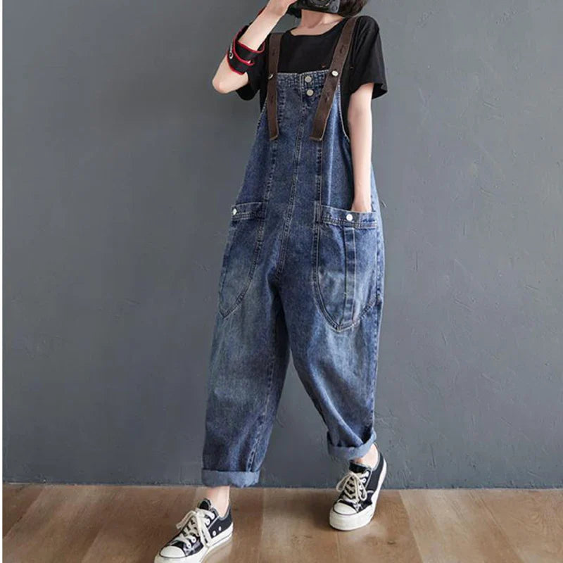 Vintage Big Pocket Suspender Jeans Trousers - Women's Casual Denim Harem Pants