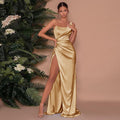 Elegant Asymmetrical Maxi Dress with High Slit - Women's Formal Cocktail Dress in Luxurious Satin