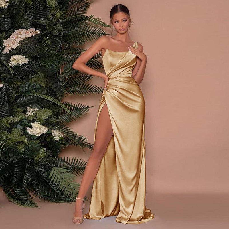 Elegant Asymmetrical Maxi Dress with High Slit - Women's Formal Cocktail Dress in Luxurious Satin