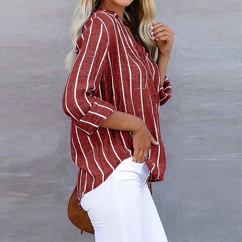 Casual Loose Striped Shirts for Women - Vintage Oversized Fashion Tops, Autumn Blouses