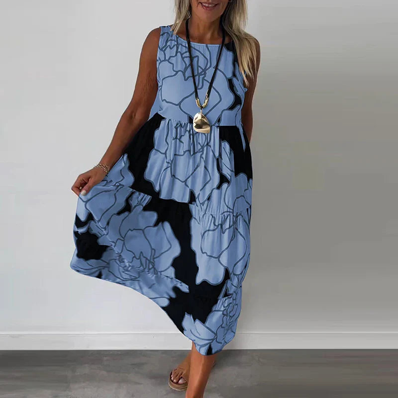 Floral Maxi Dress for Women, Sleeveless Long Dress in Breathable Fabric with Boatneck Neckline and Flattering Fit