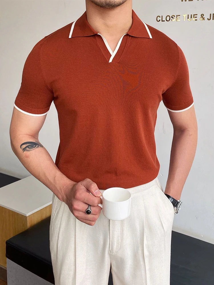 Modern Cotton Patchwork Polo Shirt for Men, Short Sleeves, Breathable Fabric, Tailored Fit Golf Shirt