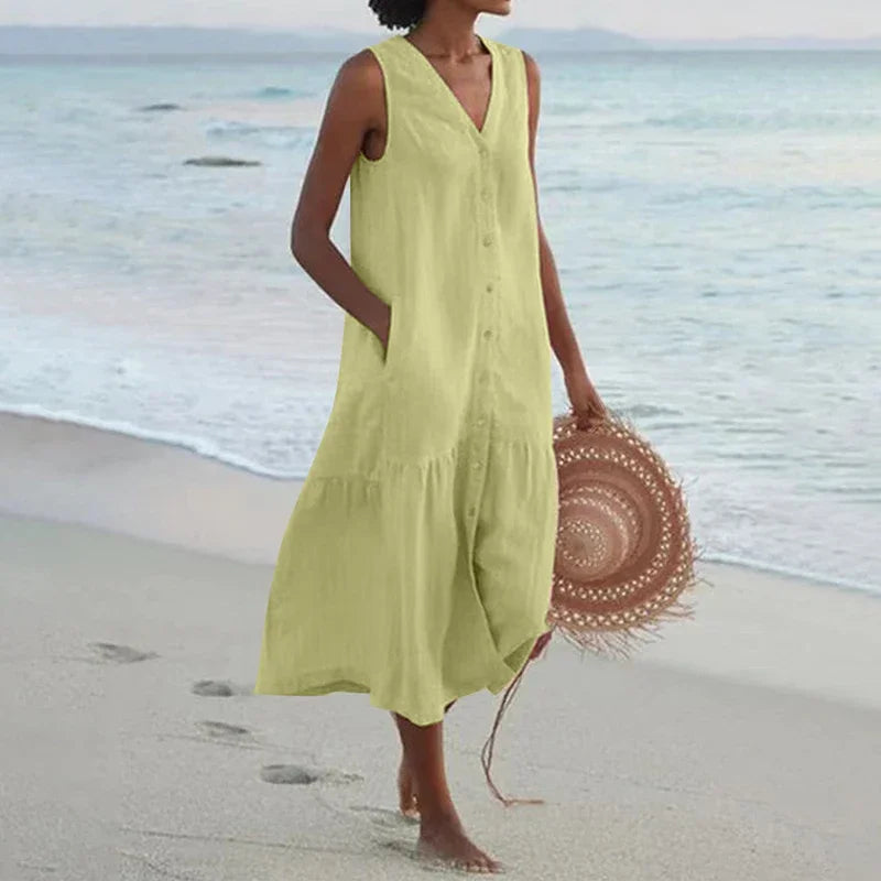 Sommerliches, lockeres Patchwork-Kleid aus Baumwoll-Leinen-Mischgewebe mit V-Ausschnitt – Midi-Länge im Strandstil für Damen