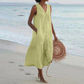 Sommerliches, lockeres Patchwork-Kleid aus Baumwoll-Leinen-Mischgewebe mit V-Ausschnitt – Midi-Länge im Strandstil für Damen