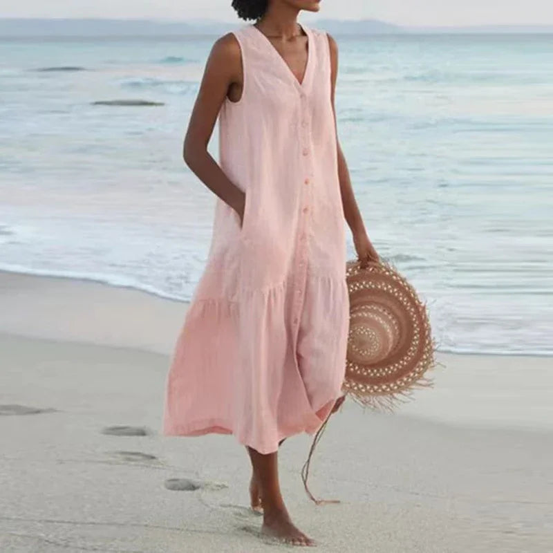 Sommerliches, lockeres Patchwork-Kleid aus Baumwoll-Leinen-Mischgewebe mit V-Ausschnitt – Midi-Länge im Strandstil für Damen