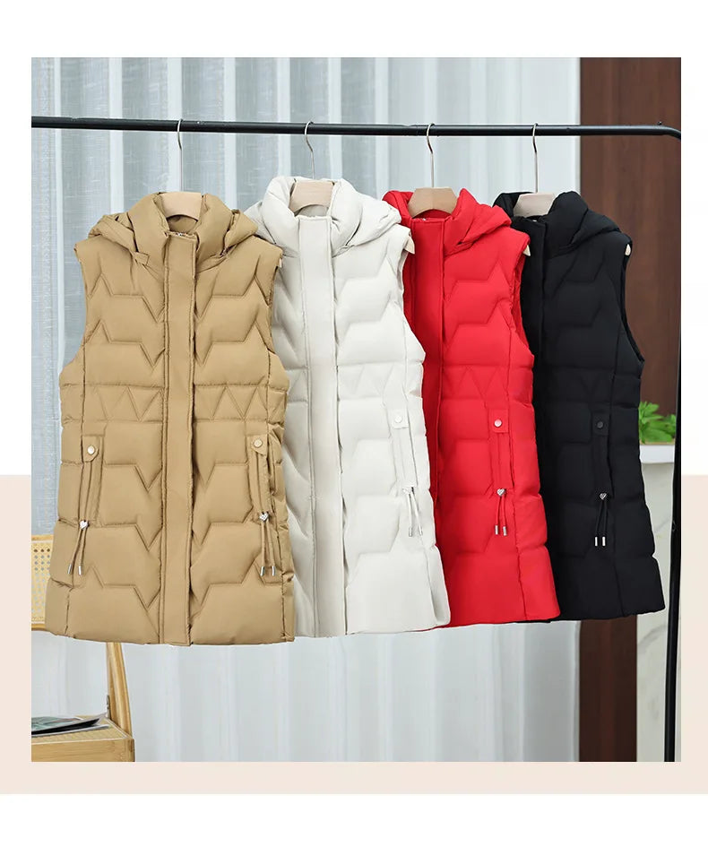 Lightweight Cozy Women Long Puffer Vest - Hooded Down