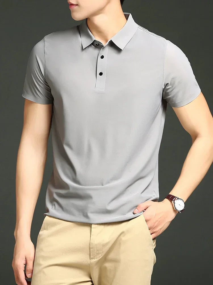 Men's Ice Silk Polo Shirt, Lightweight Breathable Fabric, Adjustable Tailored Fit for Office and Casual Wear