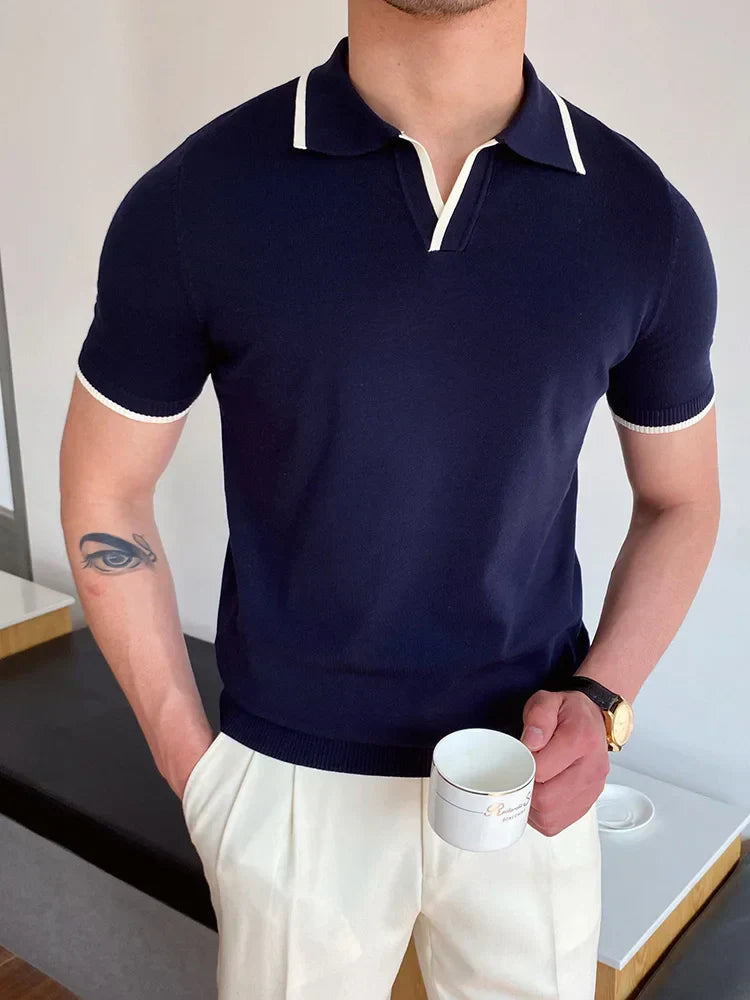 Modern Cotton Patchwork Polo Shirt for Men, Short Sleeves, Breathable Fabric, Tailored Fit Golf Shirt