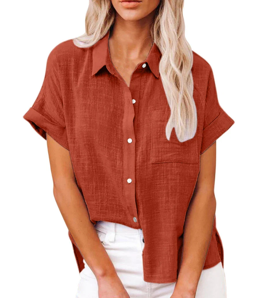 Linen Shirt Short Sleeve Casual Loose Fit Blouse Fresh Sweet Style Polyester Fabric